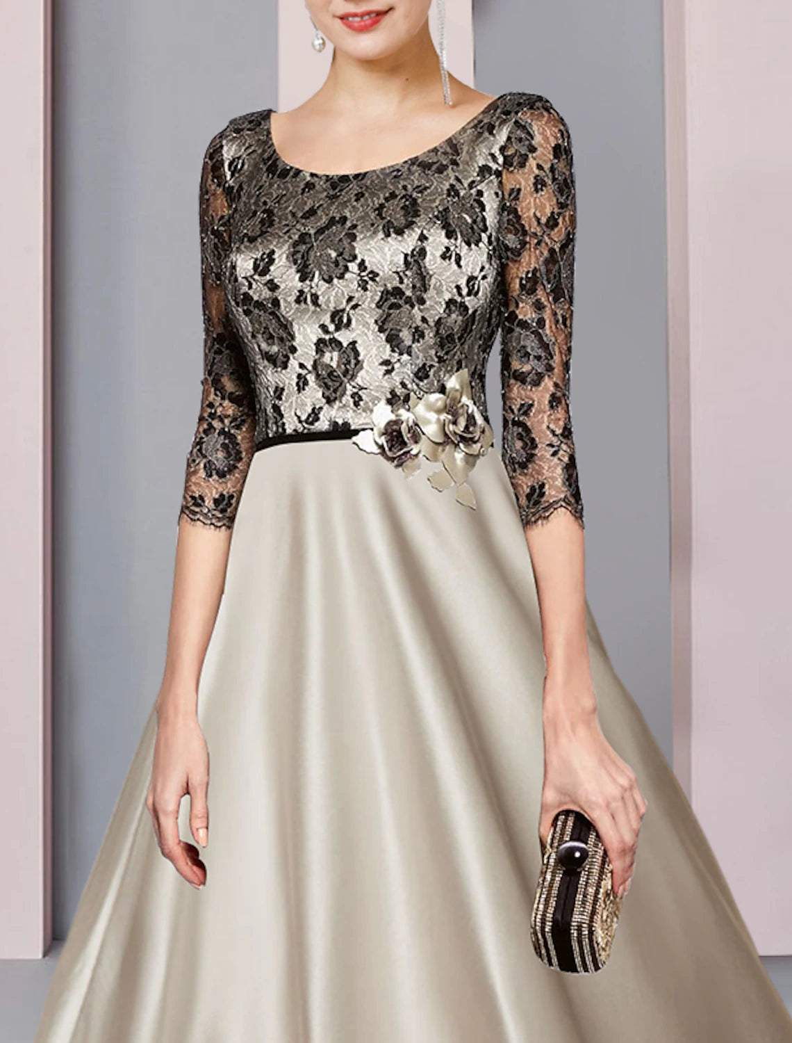 Wholesale  A-Line Mother of the Bride Dress Formal Church Party Elegant Scoop Neck Tea Length Satin Lace Half Sleeve with Flower